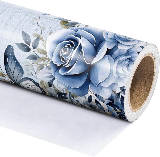 WRAPAHOLIC Dusty Blue Floral Wrapping Paper Roll - Mini Roll - 17 Inch x 33 Feet - Butterfly Flower Design, Perfect for Birthday, Wedding, Bridal Shower