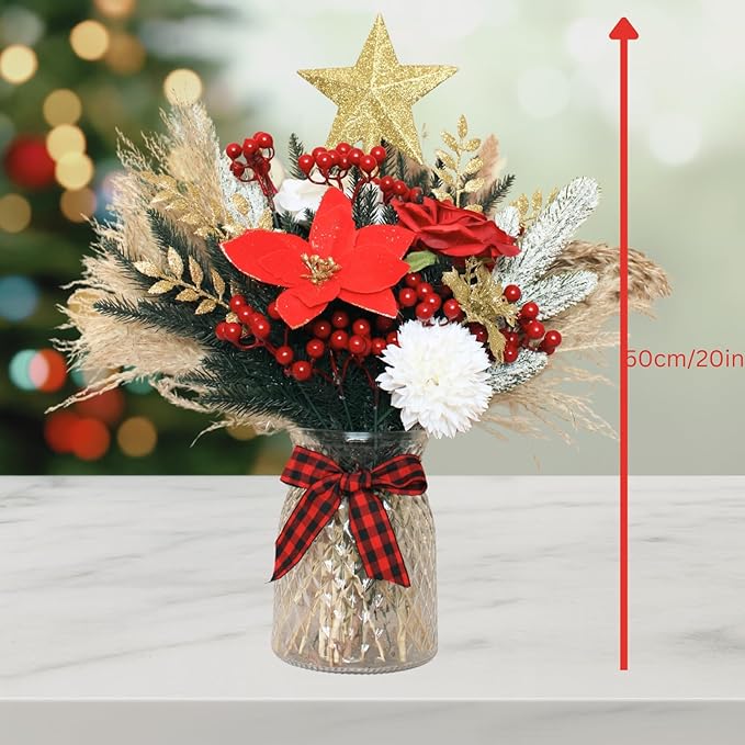 RyddeligHome Christmas Centerpieces for Tables, Holiday Table Decor, 100pcs Christmas Floral Arrangements in Vase, Pottery Xmas Decorations, Artificial Poinsettia Red Berry Pine Branches