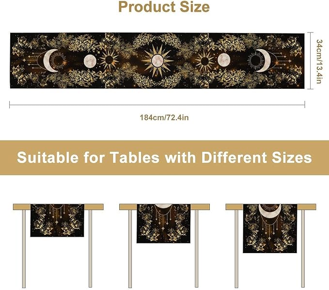 Boho Floral Table Runner, Spring Gothic Moon Phase Wildflower Mystical Witchy Farmhouse Coffee Table Center Decor for Home Kitchen Dining Patio Holiday Party Table Decorations 13x90 inches
