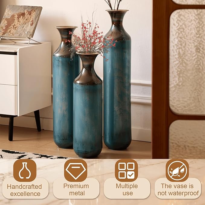 Set of 3 Large Floor Vases, Modern Aqua Blue Metal Vases for Home Decor, Glazed Decorated Tall Vases 20.4 24.4 28.3 Inch for Wedding Living Room
