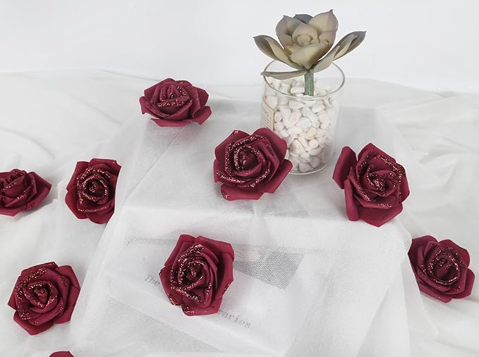 100pcs Burgundy Glitter Roses 2.56" Foam Glitter Flowers Fake Roses Artificial Roses for Bridal Shower Centerpieces DIY Wedding Flower Floral Arrangements