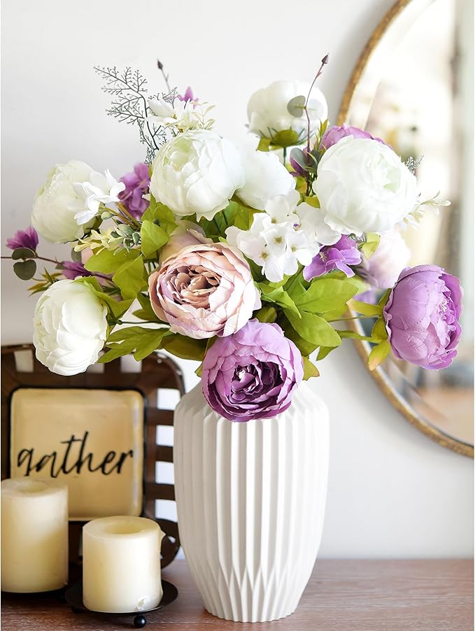 FiveSeasonStuff Artificial Peonies Bouquet – Set of 2 Whimsical Lavender Bliss Silk Flowers, Purple and White Blooms, Multiple Stems per Main Stem, for Weddings, Home Decor, DIY Floral Arrangements