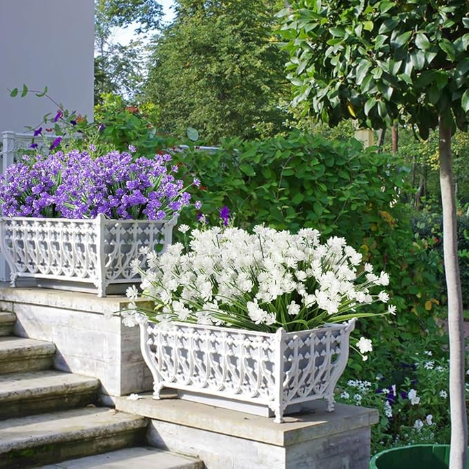 8 Bundles Artificial Flowers, Fake Artificial Greenery UV Resistant No Fade Faux Plastic Plants for Wedding Bridle Bouquet Indoor Outdoor Home Garden Kitchen Office Table Vase (White)