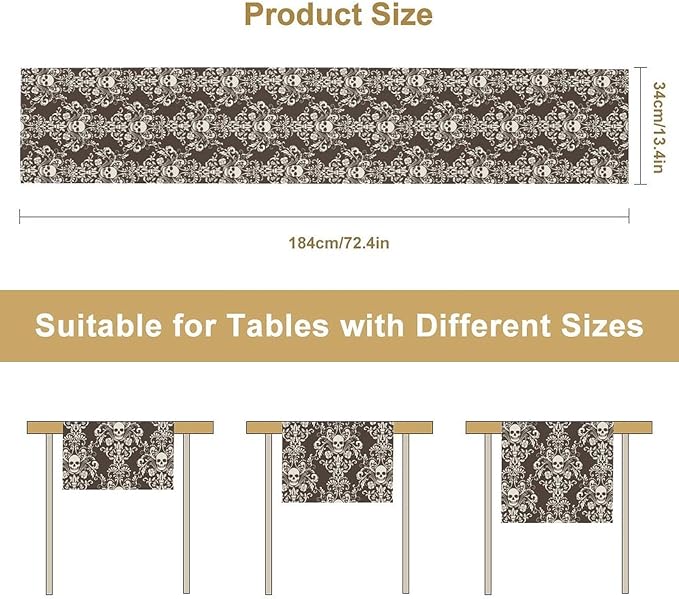 Vintage Gothic Table Runner, Retro Baroque Luxury Dark Skull Day of Death Witchy Coffee Table Center Decor for Home Kitchen Dining Patio Holiday Party Table Decorations 13x72 inches