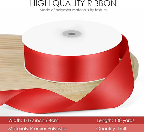100 Yards 1-1/2 inch Satin Ribbon, Fabric Ribbon Solid Color Perfect for Gift Wrapping, Wedding, Handmade Bows, Floral Bouquets and Party Decoration(red)