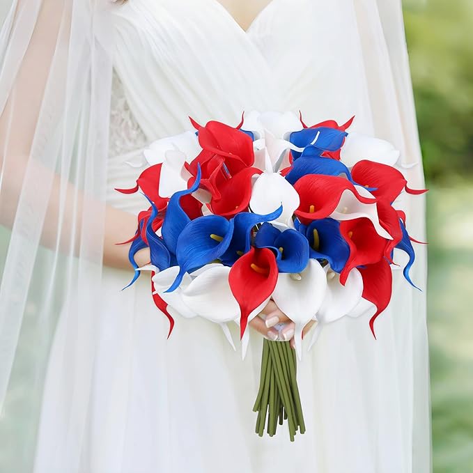 24 Pcs Patriotic Calla Lily Flower 4th of July Artificial Flowers Fake Blue White Red Silk Flowers Real Touch for Independence Memorial Day