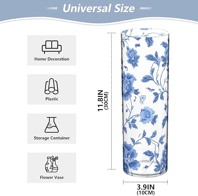 Flower Vase Clear Plastic Cylinder Vases Decor for Centerpieces Home Storage Office Weddings Flowers Blue and White Pattern 11.8 x 3.9 in