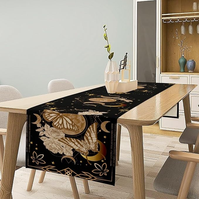 Gothic Moth Table Runner, Boho Floral Gothic Sun Moon Phase Mystical Witchy Starlight Coffee Table Center Decor for Home Kitchen Dining Patio Holiday Party Table Decorations 13x72 inches