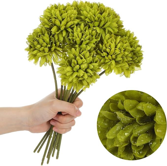 12 Pcs Artificial Chrysanthemums Flowers, Fake Silk Ball Flowers Mums Bouquets Arrangements Green Silk Flower for St Patricks Day Wedding Home Decor Table Centerpiece