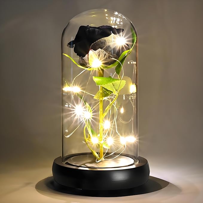 QUELIEN Black Roses in Glass Dome,Eternal Rose Gift for Women,Lasts Forever Home Decor,Mother's Day Christmas