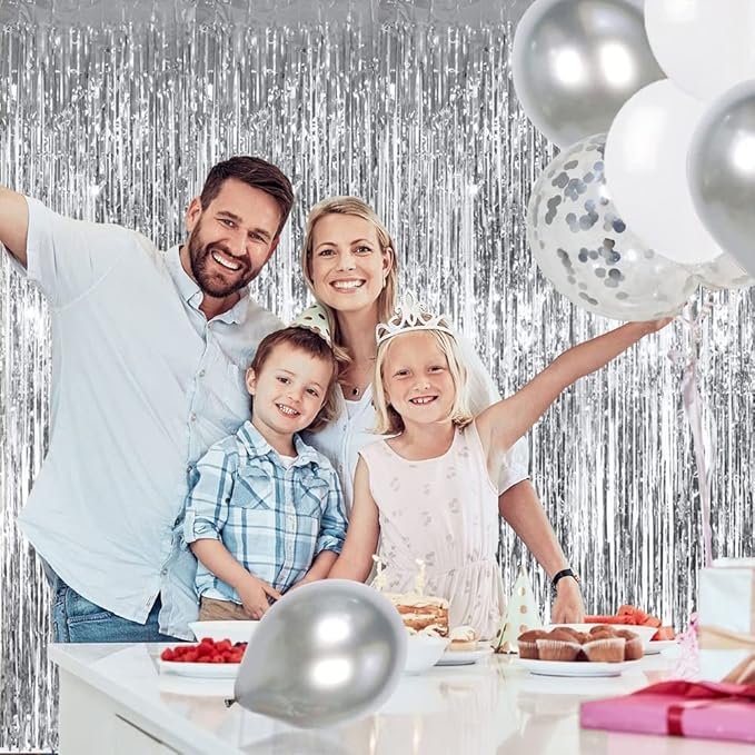 TONIFUL 3Pcs Silver Metallic Tinsel Foil Fringe Curtains,3.28ft x 6.56ft Silver Photo Booth Backdrop Streamer Curtain,Great for Bachelorette,Birthday,Christmas,New Year Party Decorations