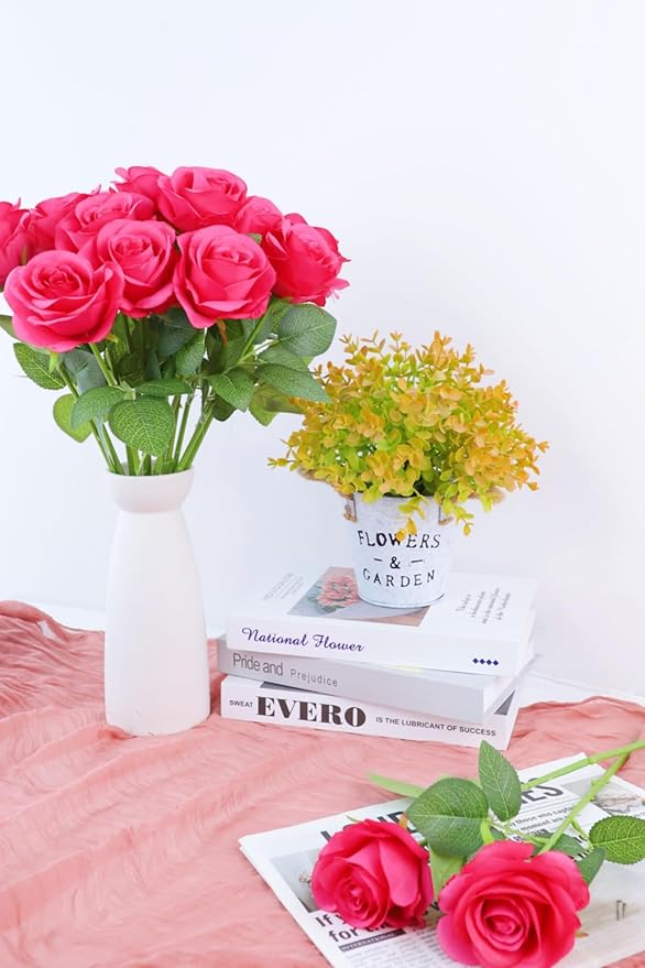 50pcs Roses Artificial Flowers Real Touch Fake Flowers with Long Stems Silk Flowers for Wedding Bouquet Centerpices Decorations Party Bridal Baby Shower Home Decor (Hot Pink)