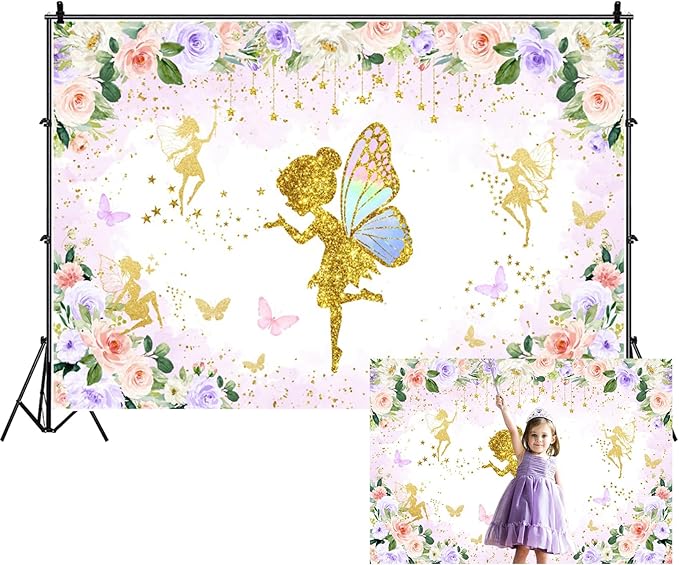 Renaiss 7x5ft Floral Fairy Backdrop Pink Gold Flower Butterflies Golden Glitter Princess Fairy Birthday Party Photography Background for Girl Baby Shower Decor Photo Studio Props
