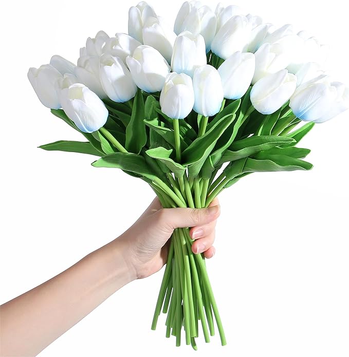 SITUMEIZI 15pcs Fake Tulips Artificial Flowers Real Touch 14" Silk Flower for Home Kitchen Decor Spring Easter Wedding Bouquet Decorations Office Floral Arrangements(Blue on White)
