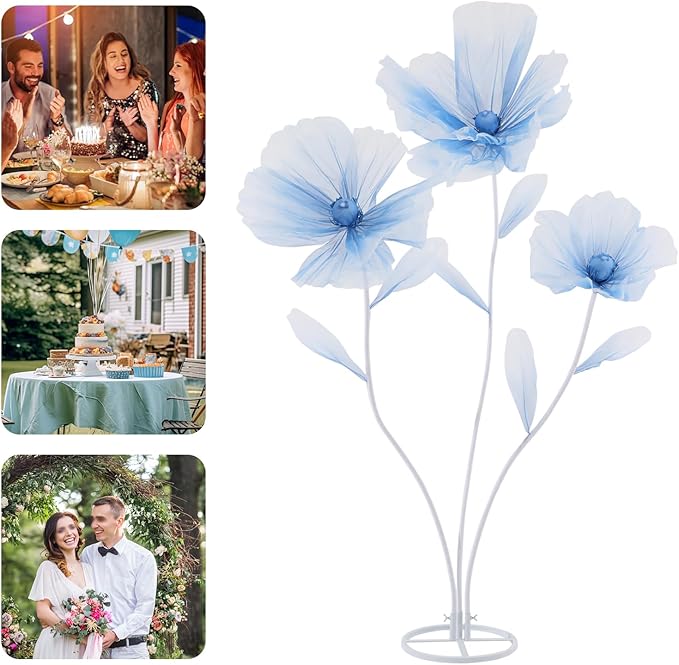 Giant Flowers for Decoration, Wedding Reception Essential, Large Artificial Silk Flower Set, 3-Head Giant Fake Flowers with Standing Stems and Base, 5.6ft Tall for Wedding & Home Decor (Blue)