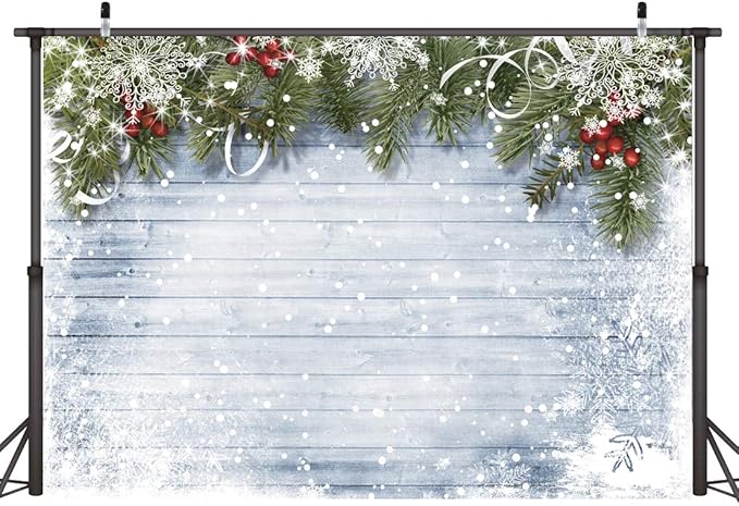 LTLYH Winter Christmas Backdrop 7x5ft Snowflake and Pine Branch Wooden Wall Backdrop Xmas Eve Wood Wall Photo Backdrop Holiday Decor Photo Props 023