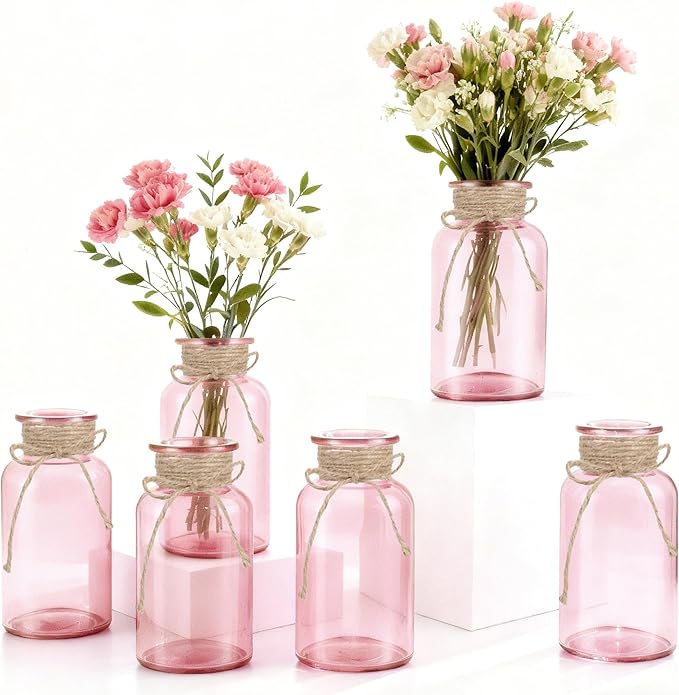 Vintage Glass Flower Vase，6 Pack Pink Farmhouse Glass Centerpiece Vases Mason Jars for Weddings, Parties & Home Decor Bulk (6, Pink)