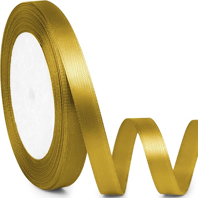 3/8" x 25 Yards Satin Ribbon, Dark Gold Silk Ribbon Ideal for Gift Wrapping, Floral Bouquets, Crafts, Wedding Party Decorations, Christmas and Sewing Projects