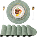 PU Leather Placemats Set of 6,15 Inches Round Washed Cowhide Pattern Table Mats for Dining Table, Kitchen, Party Decoration(Retro Green)