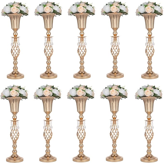 Pack of 10 Wedding Floral Crystal Flower Centerpiece Vases for Reception Centerpieces Party Event, 23.2 inches Versatile Flower Arrangement & Candle Holder Stand