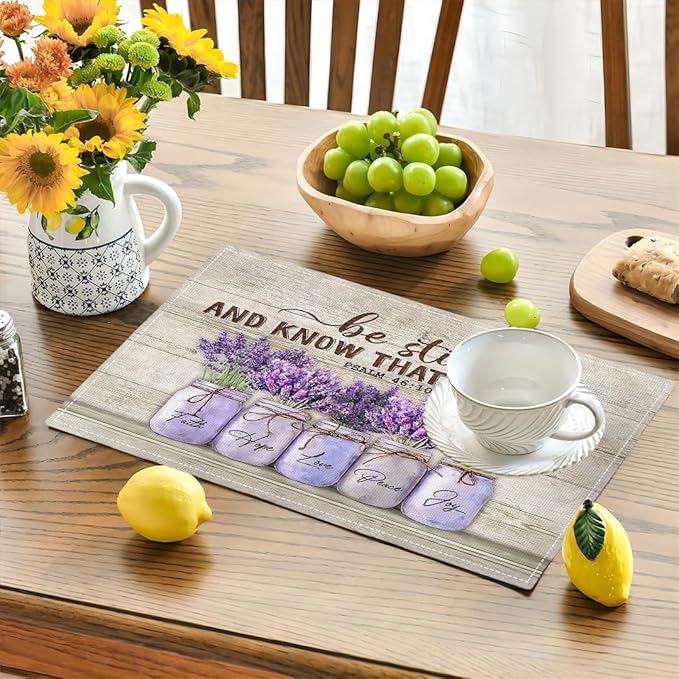 Lavender Spring Floral Placemats Set of 6 Farmhouse Country Rustic Purple Flower Double-Sided Table Mats for Kitchen Dining Room Home Party Indoor Decor 6 PCS 12x18 Inch