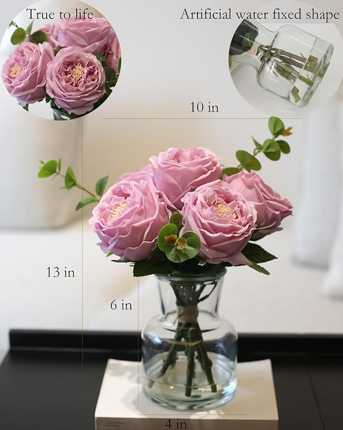 Artificial Flowers with Pinkish-Purple Peonies in Vase, Fix Lifelike Fake Flowers in a Vase with Artificial Water, Faux Flower Arrangements for Dining Table Centerpiece Decor