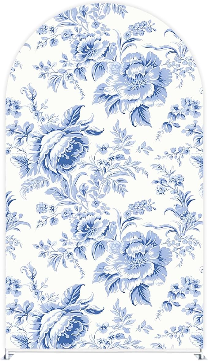 Blue Toile Arch Backdrop Vintage Floral French Toile Style Backdrop Elegant Blue and White Botanical for Wedding Baby Shower Classic European Party Decor Photography Background (G4224,7.2FT)