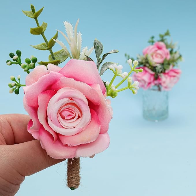 Pink Rose Boutonniere for Men Wedding Set of 6 Groom Groomsmen Best Man Artificial Flowers Boutonniere for Wedding Ceremony Anniversary Prom Flowers Formal Dinner Party (6, Gradient pink, Middle)