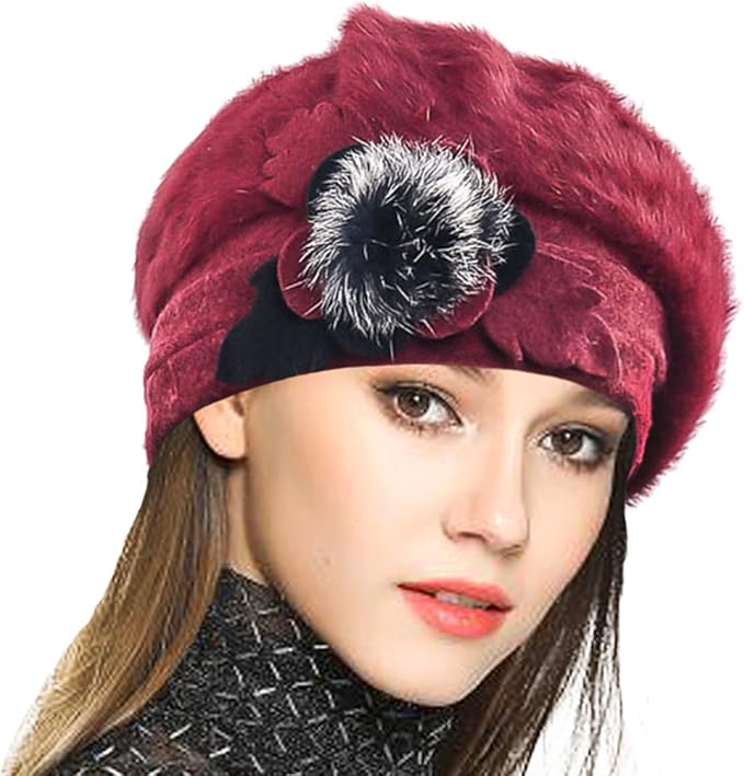 VECRY Lady French Beret 100% Wool Beret Floral Dress Beanie Winter Hat