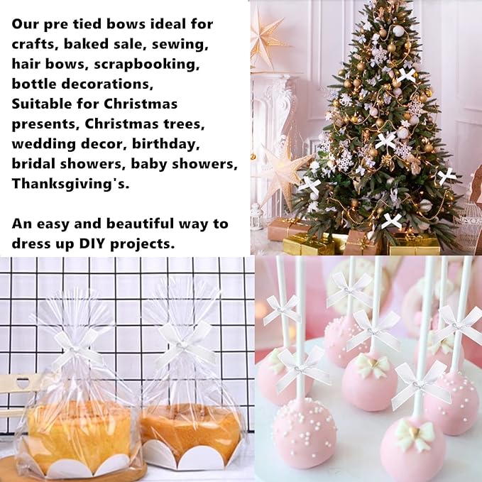 100 Pack 3" White Ribbon Twist Tie Bows, Pre Tied Bows for Gifts, Bow Ties for Bags, Twist Bows for Treats, Bow Twist Ties, Ribbon Bows with Twist Ties, Pretied Bows for Lollipops Cake Pops
