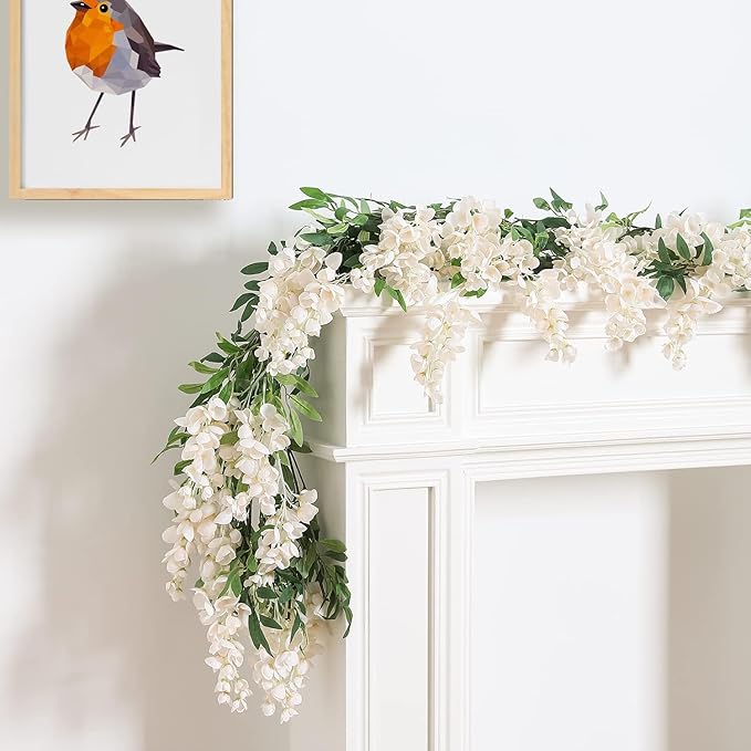 Duovlo 4Pcs 6.6Ft/Piece Imitation Silk Wisteria Garland Hanging Flower Vine for Home Outdoor Garden Ceremony Wedding Arch Floral Decor (Milk White)