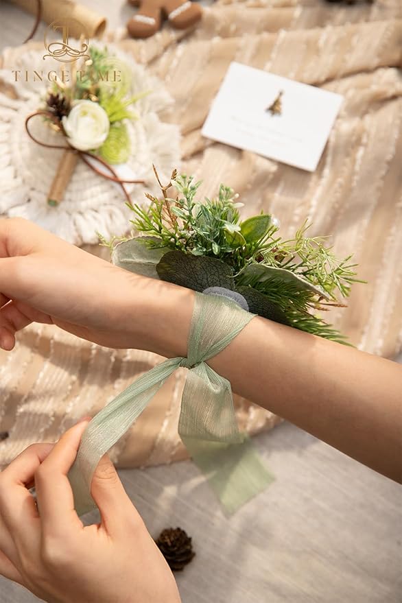 TINGE TIME Corsage and Boutonniere Set, Prom Flower Wrist Corsage Wristlet, Boutonniere for Men Wedding Flowers Accessories Prom Suit Decorations (White Ivory Greenery)