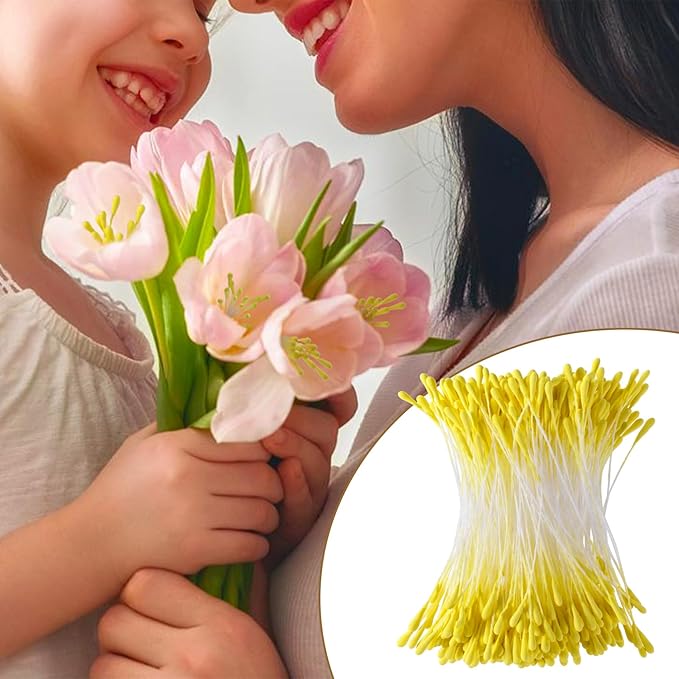VARMDUKKE 800pcs Double Heads Handmade Flower Stamens, 2 mm Pearl Stamens for Flower Making, Artificial Floral Pistil for DIY Crafts, Wedding, Christmas Decoration (Yellow)