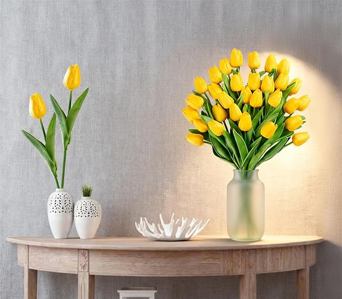 Yellow Faux Tulips (20 Pcs) - Premium PU Artificial Flowers for Christmas & Thanksgiving Table Setting, Winter DIY Home Decor - 13.5" Real Touch