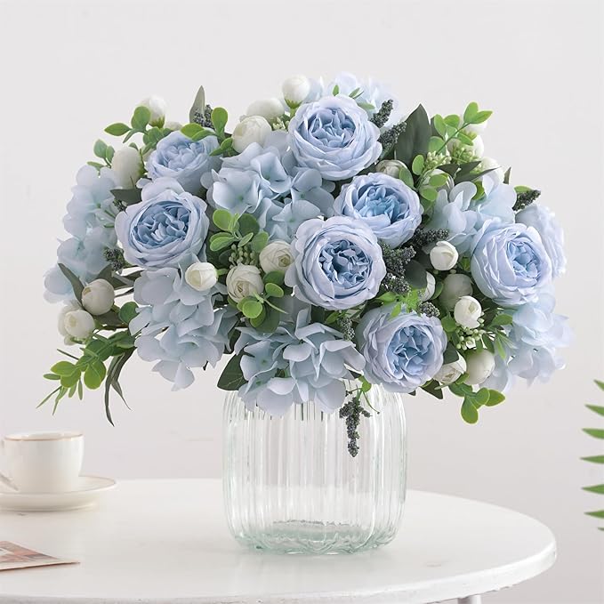 2 Bunches Artificial Peonies Flowers Silk Blue Peonies Fake Hydrangea Flowers Arrangements Table Centerpiece Faux Flores for Bridal Wedding Home Decor (2, Blue White)