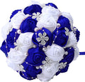 Handmade Wedding Flowers Bridal Bouquets Crystal Bride Holding Bouquet White Ivory Satin Roses with Diamond Pearl Ribbon.(bluewhite)