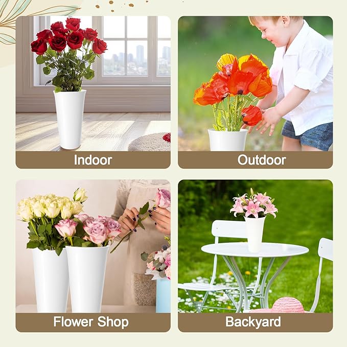 24 Pack Flower Buckets 9.84 Inch Plastic Flower Vases, Decorative Flower Buckets for Flower Bar, Modern Round Vases for Centerpieces Floral Display, Table Home Wedding Decorations (White)
