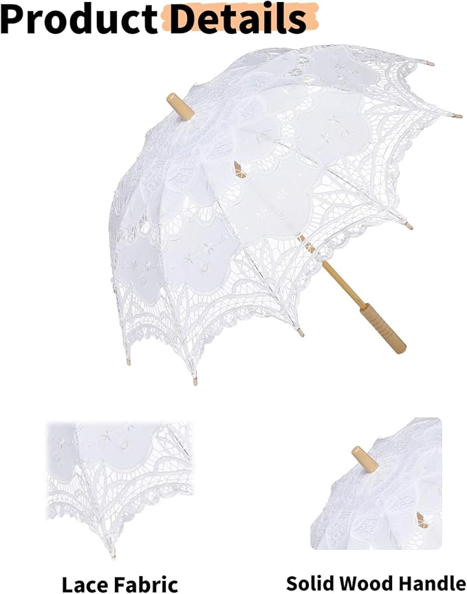 Lace Parasol Umbrella 32 Inch – Victorian Style Bridal Wedding Sunshade for Women, Lace Umbrella for Photoshoot, Tea Party, Costume, Outdoor Decoration