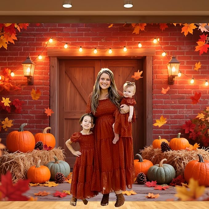 Large 7x5FT Fall Autumn Backdrop – Fall Photography Background with Pumpkin, Maple Leaves & Barn Wood (Includes 19.68FT Ribbon) – Thanksgiving, Friendsgiving, Harvest Party Decor, Photo Booth Props