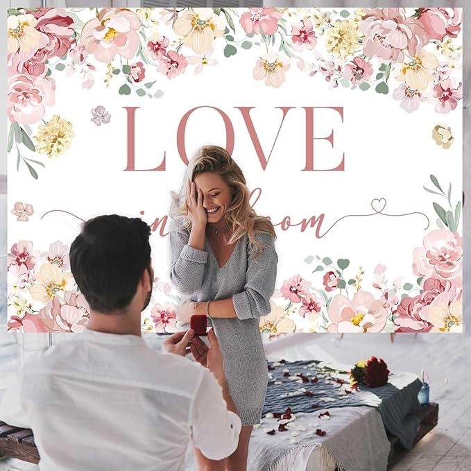 Sensfun Love in Bloom Bridal Shower Decorations Backdrop Rose Pink Wildflower Wedding Shower Background Boho Floral Engagement Banner Wedding Bachelorette Party Decorations Supplies 8x6ft