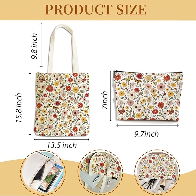 Flower Plant Lover Gifts for Women Canvas Tote Bag with Makeup Bag Cosmetic Bags Grocery Bags for Shopping Christmas