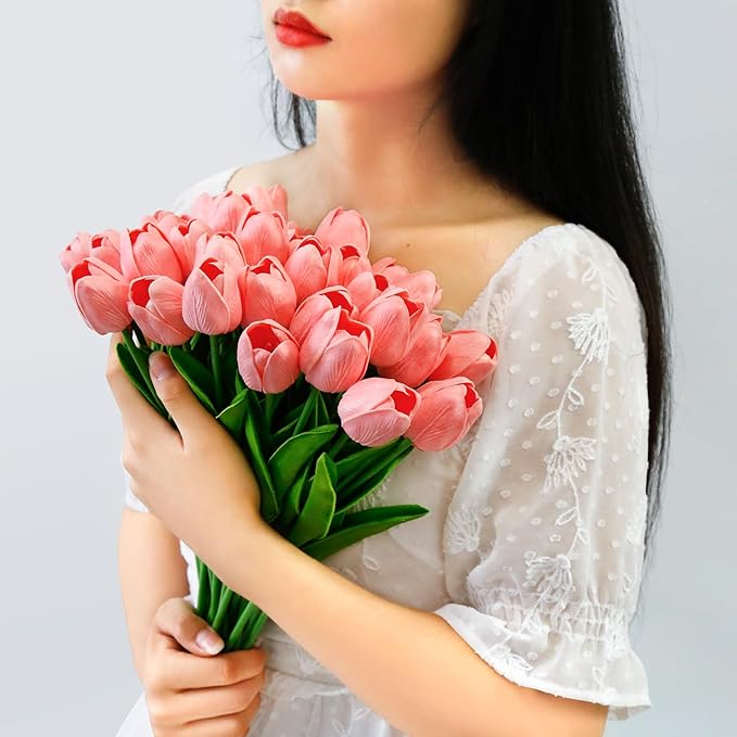 36 PCS Tulips Artificial Flowers 13" PU Fake Flowers for Wedding Home Decor(Coral Pink)