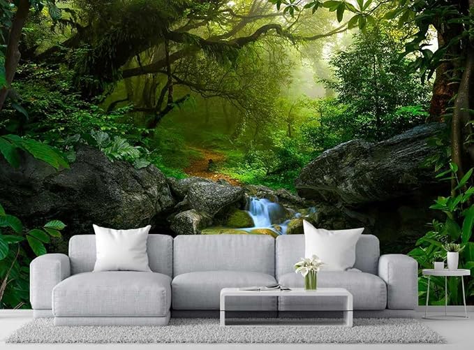 Primitive Forest Waterfall Wallpaper, Modern Large Background Wall Mural for Living Room and Plant Room(Non-self-Adhesive)