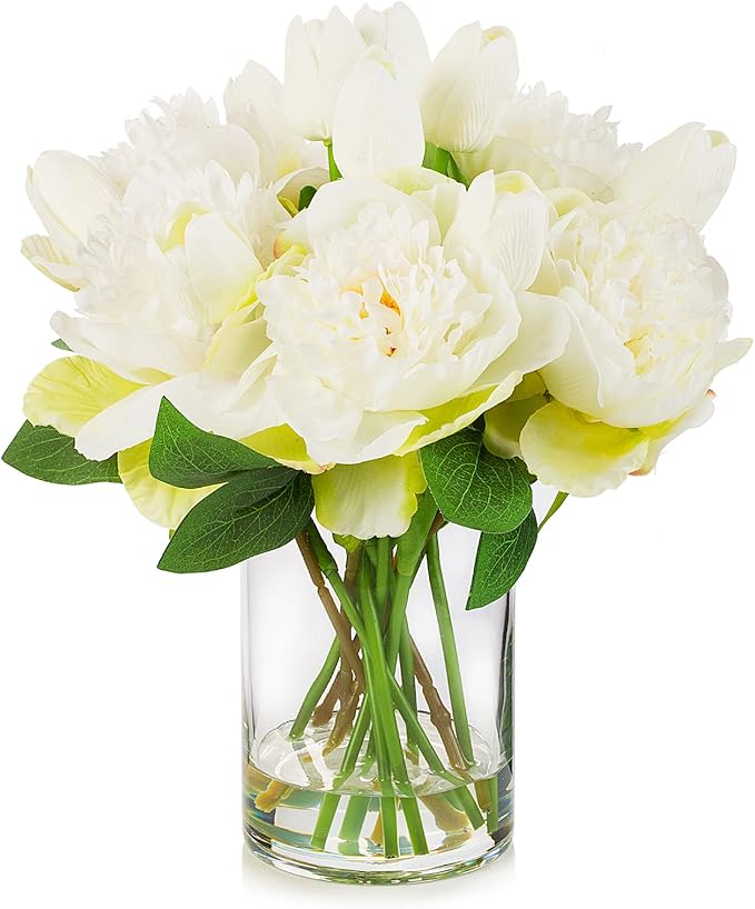 ENOVA FLORAL Artificial Flower Arrangement with Vase, Faux Flower in Vase, Mixed Artificial Real Touch Tulip and Fake Silk Peony Flower in Vase for Decoration Home Office(Cream)