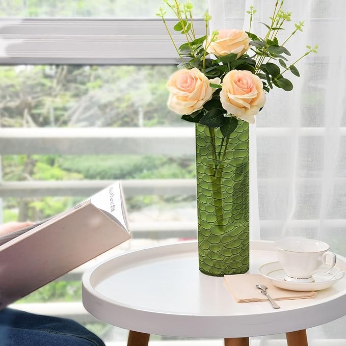 Flower Vase for Centerpieces, Green Crocodile Leather Texture Plastic Cylinder Vase, Clear Bud Vases for Home Wedding Office Table Decor