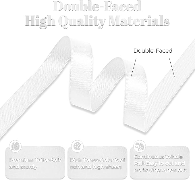 Premium Double Faced Satin Ribbon, 1/2 Inch X 50 Yards, White, Perfect for Gift Wrapping, Crafts, Wedding Decor