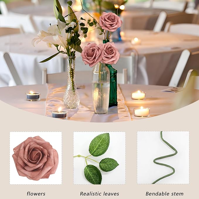 100PCS Warm Taupe Artificial Flowers Roses Real Looking Foam Fake Roses with Leaves for DIY Wedding Bouquets Bridal Shower Party Decorations (Warm Taupe, 100)
