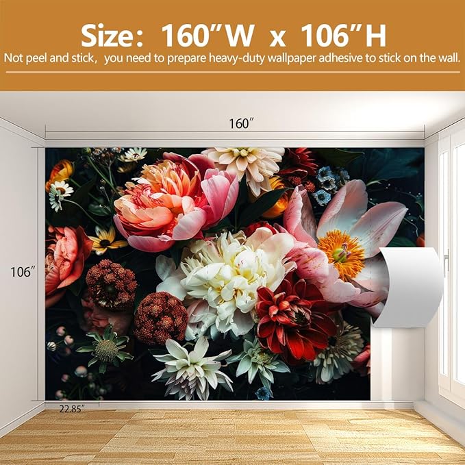 Large Floral Wallpaper Dark Peony Flowers Wall Mural for Living Room Bedroom（Not Peel and Stick）