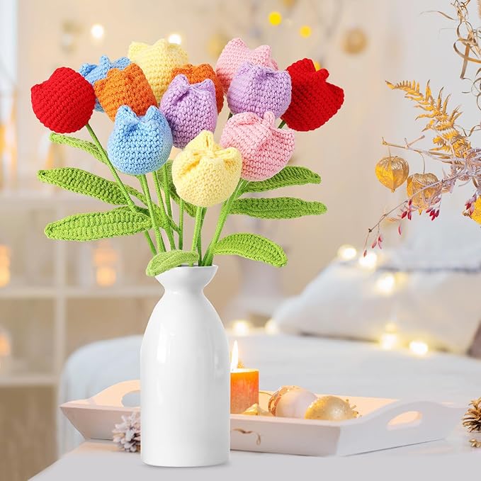 YoungJoy Crochet Rose 12 Pcs Handmade Knitted Flowers Tulip Sunflower Daisy Heart Artificial Knitted Floral Mother Day Graduation Home Decor(Cute Tulip B)