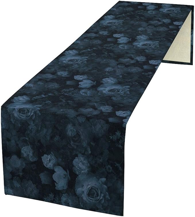 Gothic Flower Table Runner, Dark Navy Blue Flower Rose Vintage Garden Flowers Herbs Print Print Table Cover for Home Holiday Party Indoor Outdoor Decor, 13x108inch